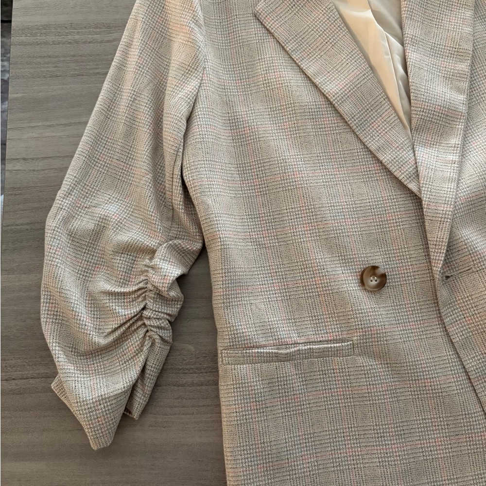 Skies Are Blue Checkered Blazer with Ruched Sleeves
